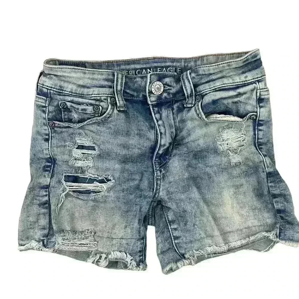 Blue Stretchy Denim Cut Off Shorts Distressed Sz 0 Next Level‎ American Eagle